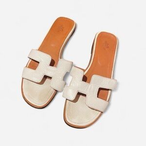 Hermes Oran White Leather H Strap Slide Sandals